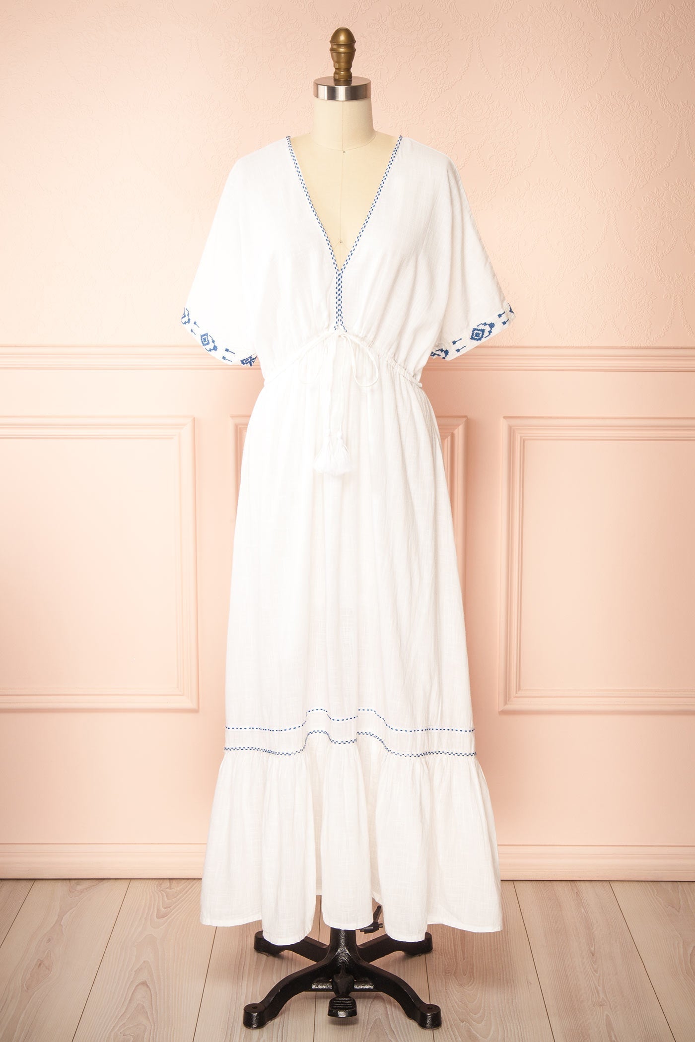 Georgette | Embroidered White V-Neck Maxi Dress with Tassel Tie