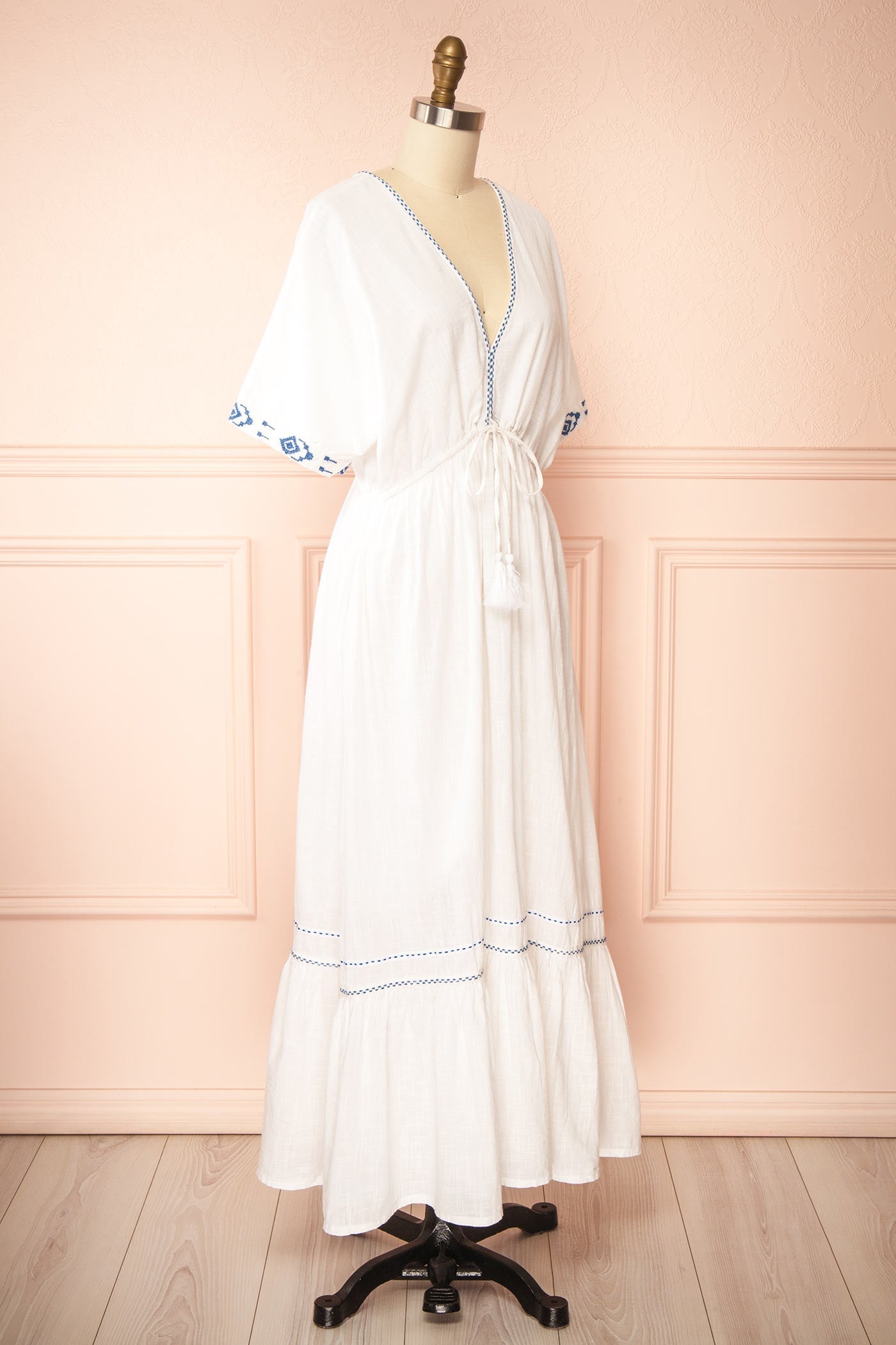Georgette | Embroidered White V-Neck Maxi Dress with Tassel Tie