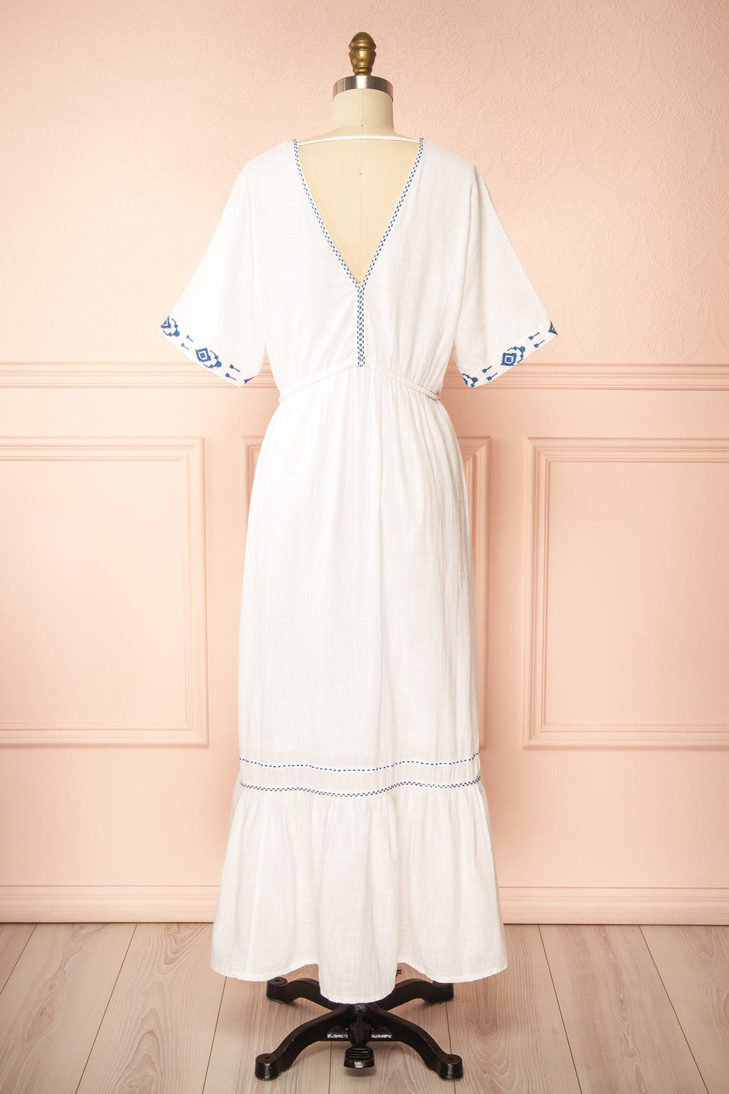 Georgette | Embroidered White V-Neck Maxi Dress with Tassel Tie