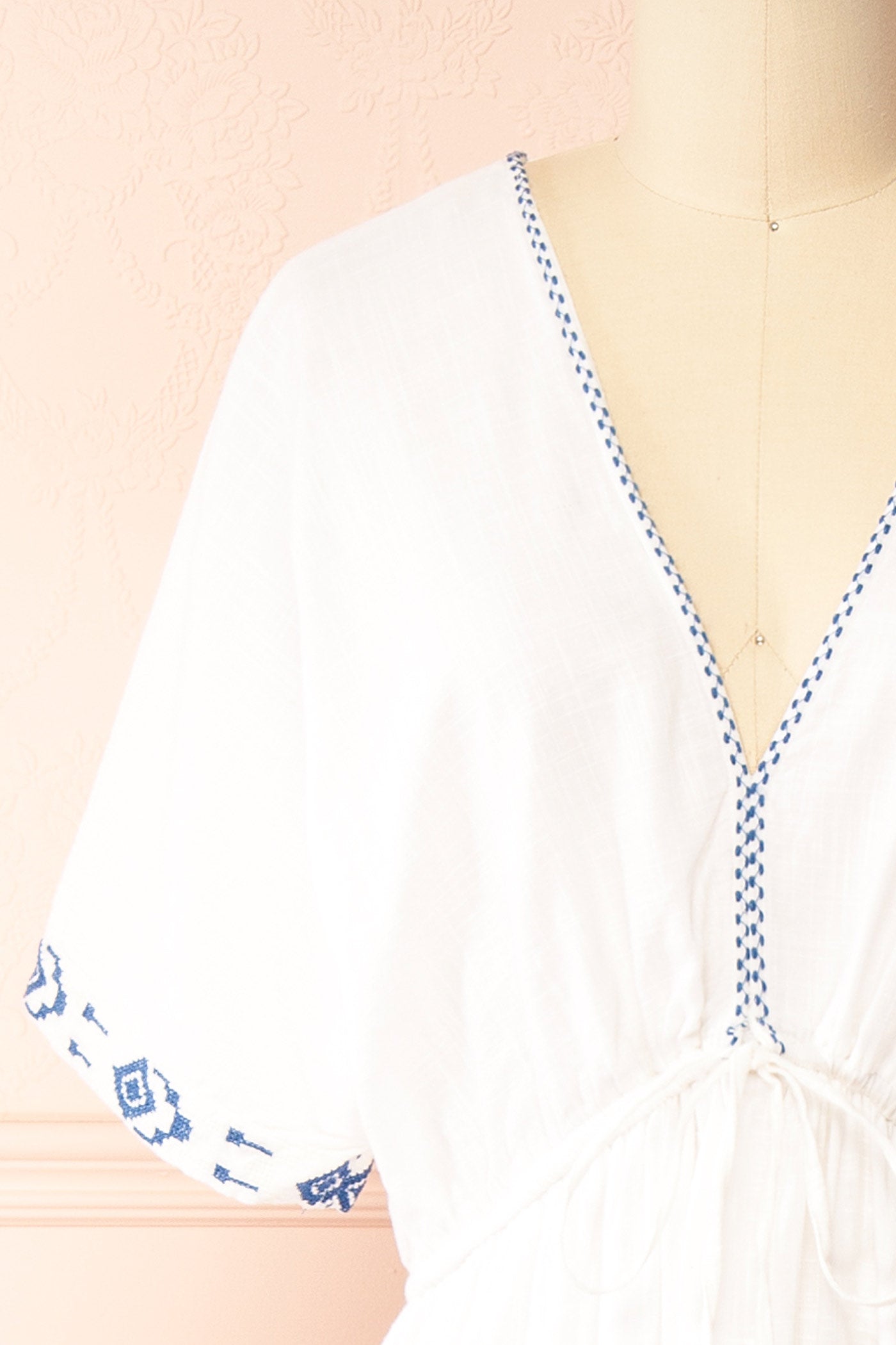 Georgette | Embroidered White V-Neck Maxi Dress with Tassel Tie
