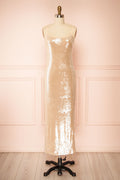 Georgiana | Beige Sequin Midi Dress with Delicate Straps