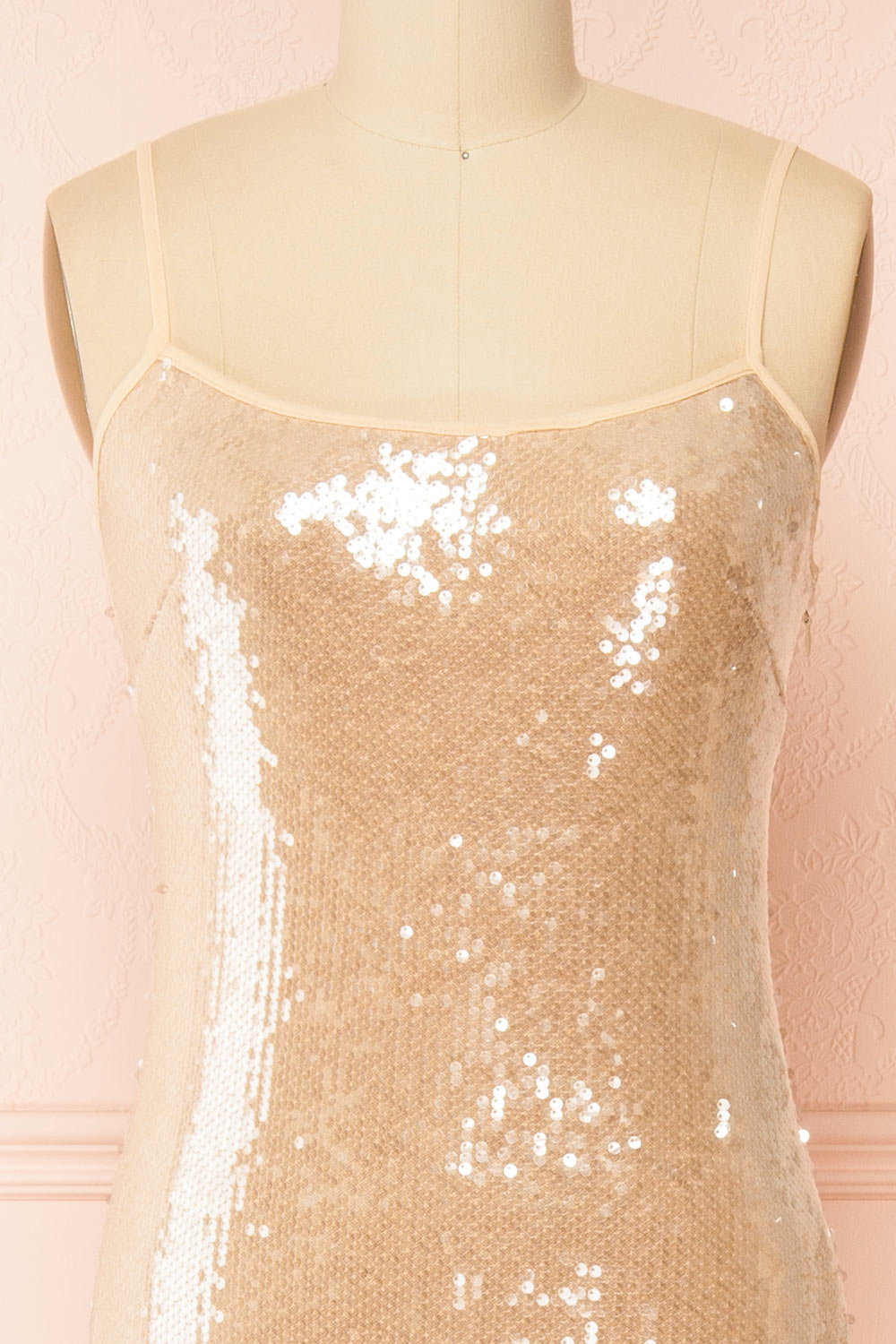 Georgiana | Beige Sequin Midi Dress with Delicate Straps