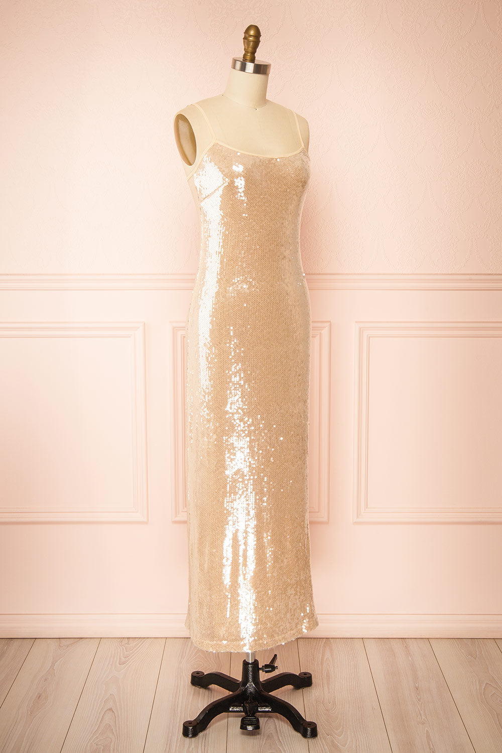 Georgiana | Beige Sequin Midi Dress with Delicate Straps