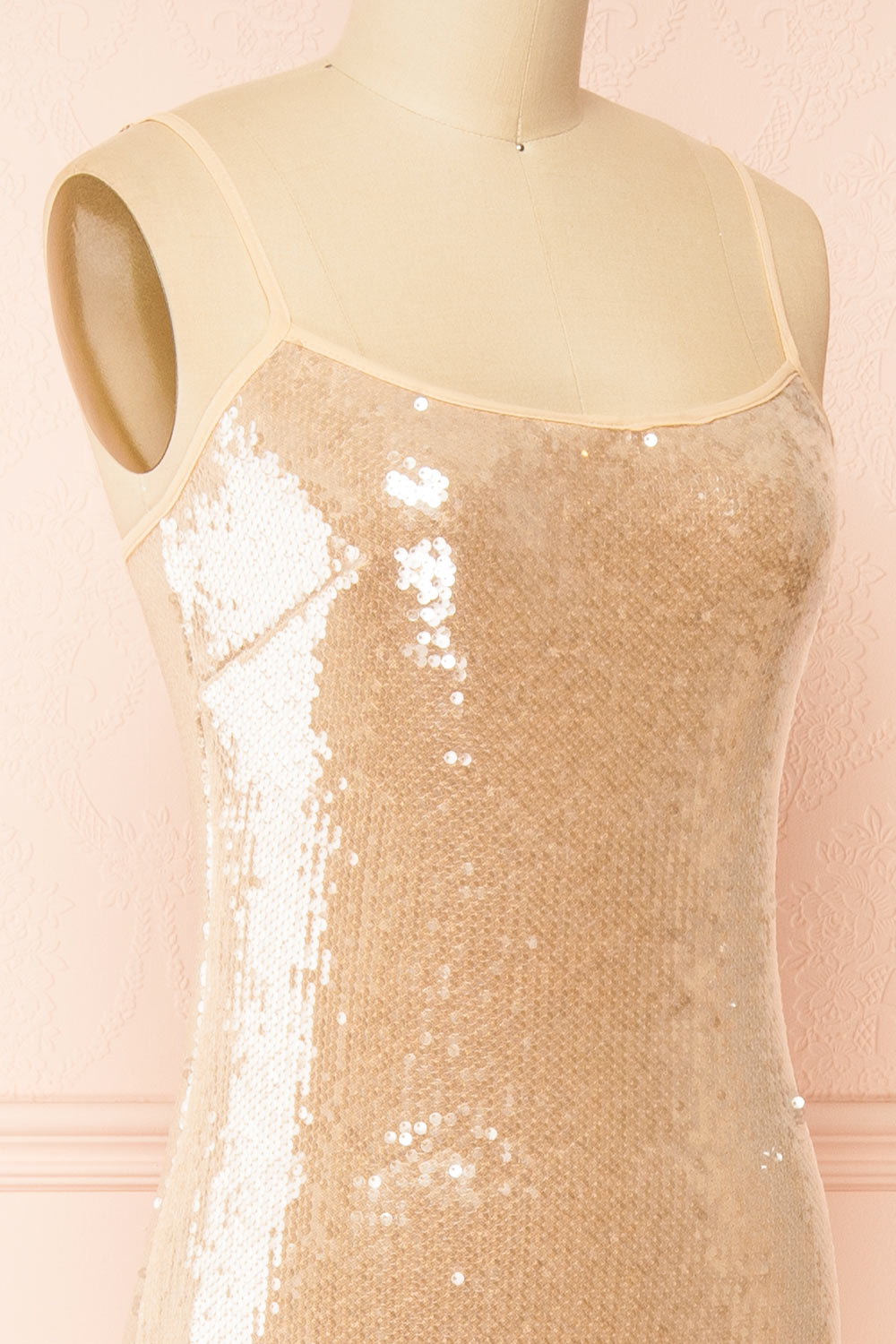 Georgiana | Beige Sequin Midi Dress with Delicate Straps