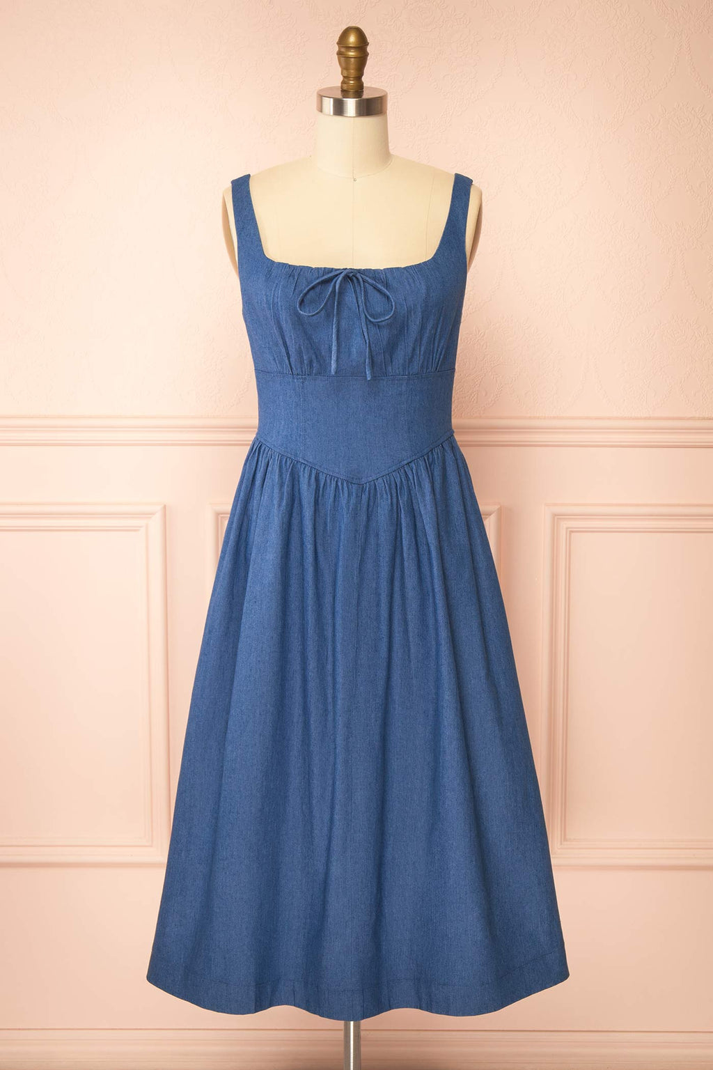 Gerogene | Blue Denim Midi Dress with Bow and Pockets