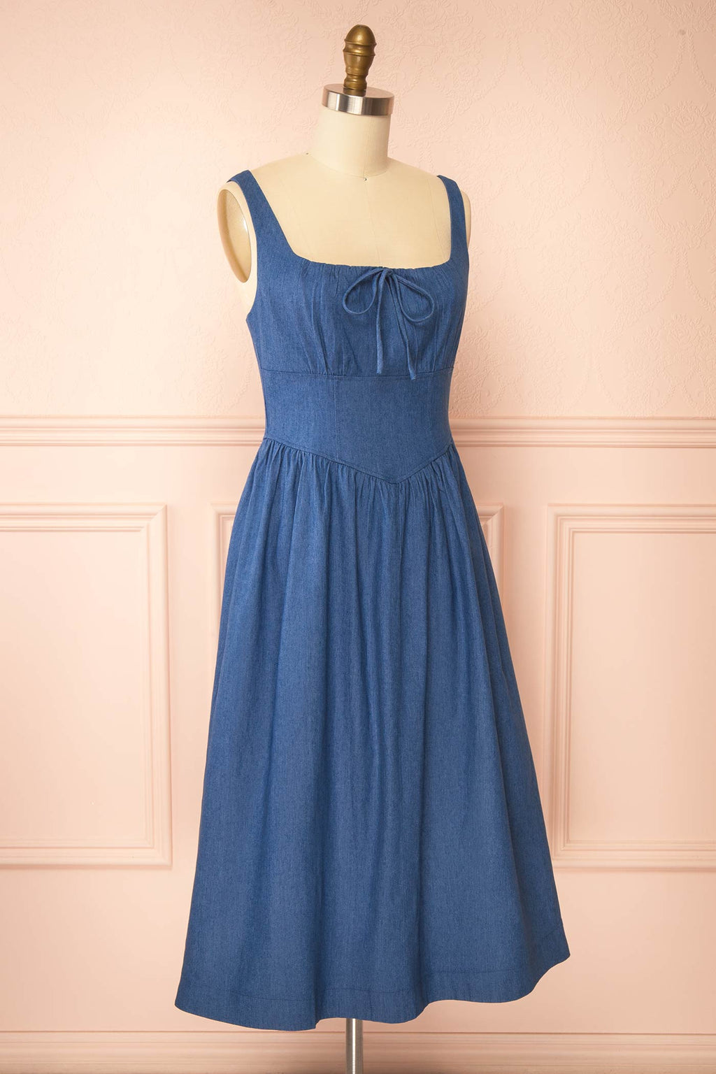 Gerogene | Blue Denim Midi Dress with Bow and Pockets