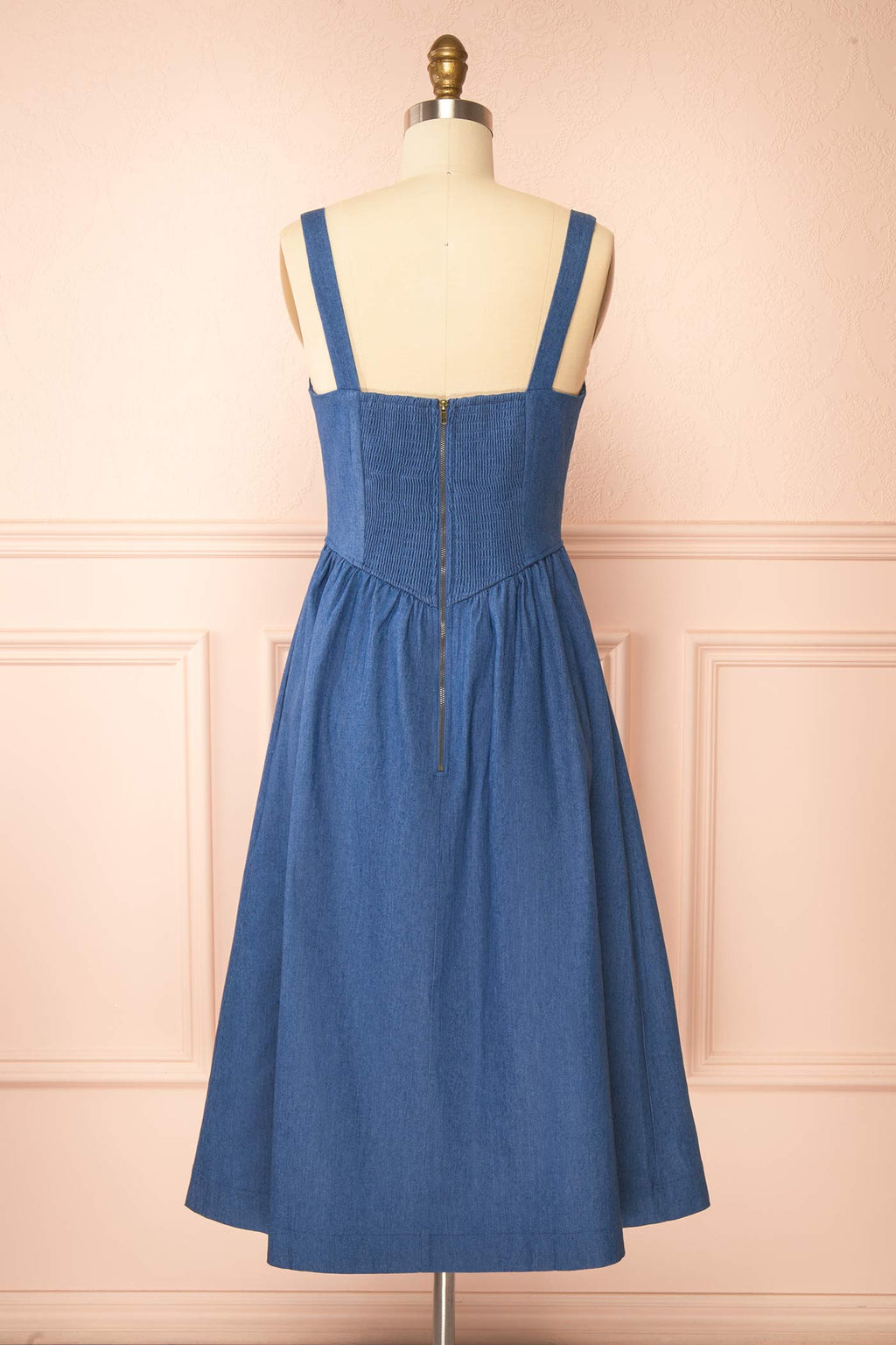 Gerogene | Blue Denim Midi Dress with Bow and Pockets