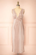 Gloriane | Pleated Beige Multi-Tone Dress w/ Slit