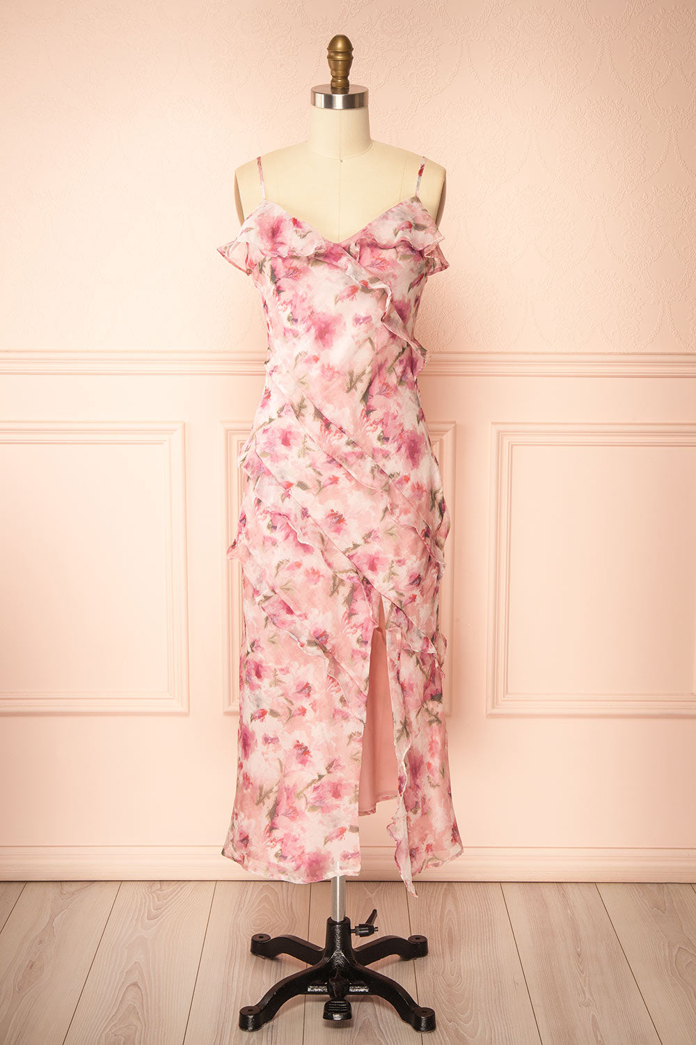 Glynis | Pink Floral Ruffled Midi Dress with Slit