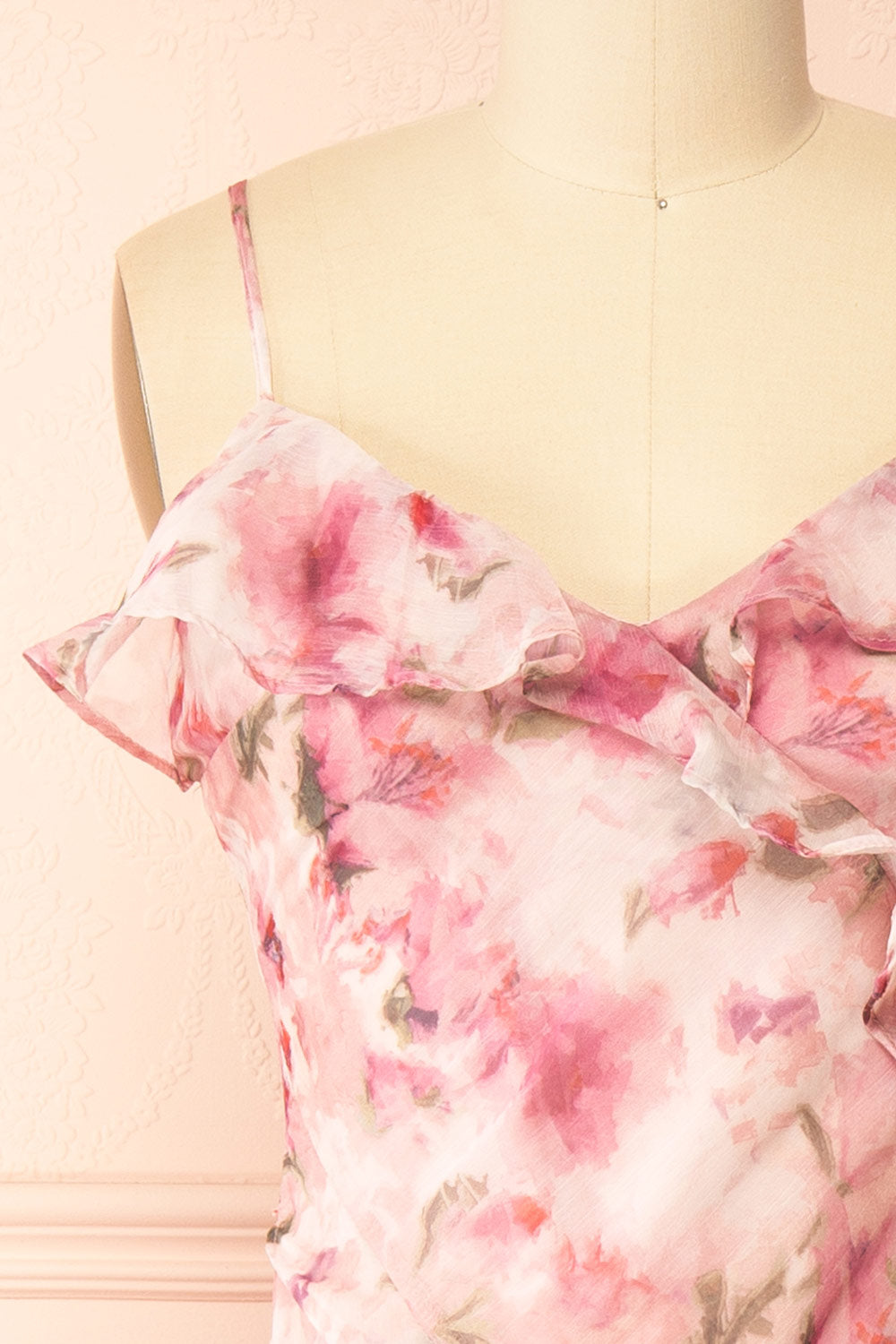Glynis | Pink Floral Ruffled Midi Dress with Slit