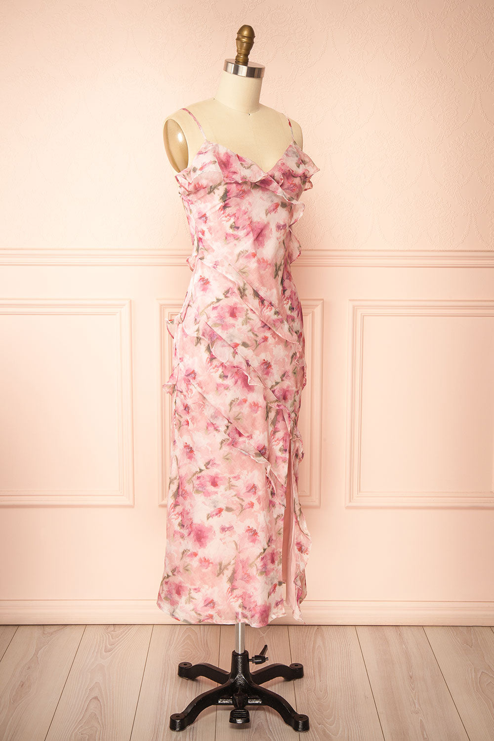 Glynis | Pink Floral Ruffled Midi Dress with Slit