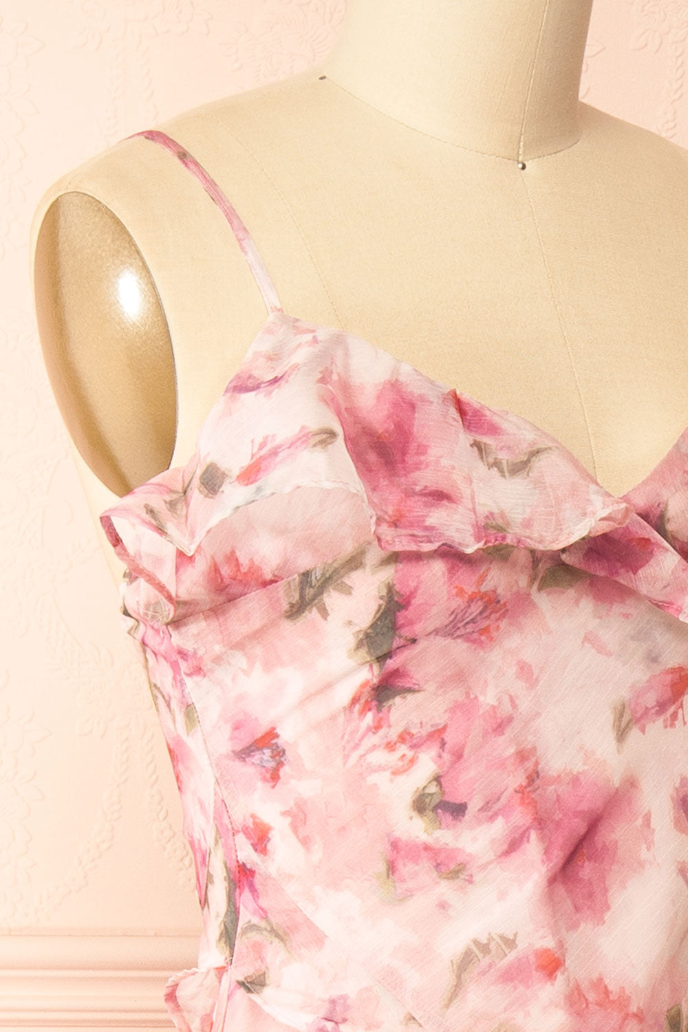 Glynis | Pink Floral Ruffled Midi Dress with Slit