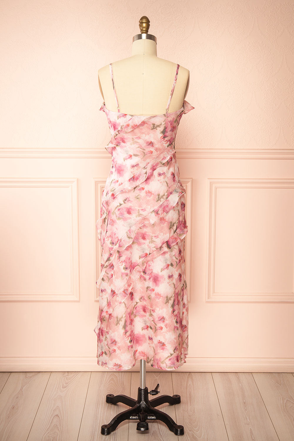 Glynis | Pink Floral Ruffled Midi Dress with Slit