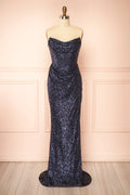 Hanna Navy | Strapless Sequin Maxi Dress with Lace-Up Back