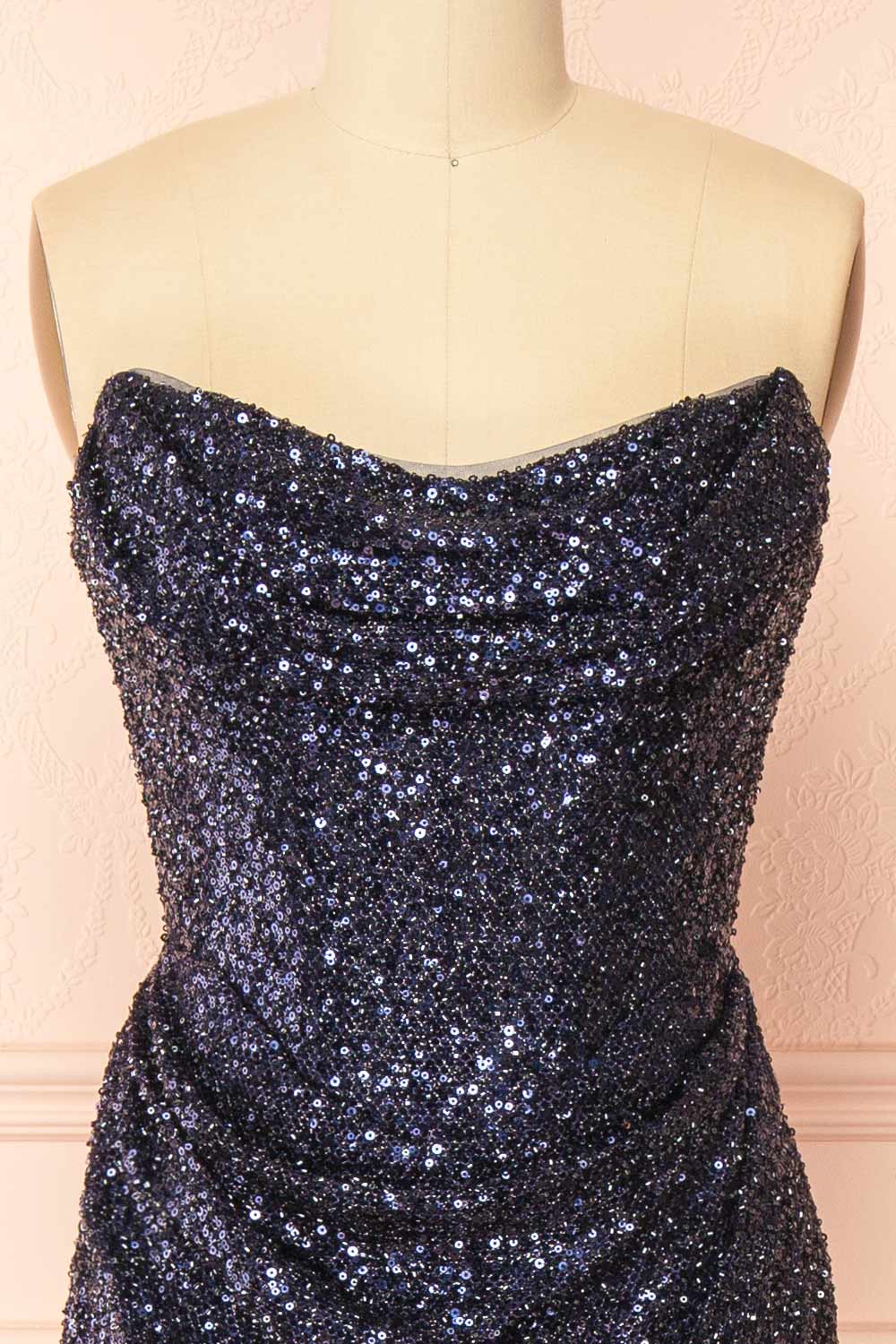 Hanna Navy | Strapless Sequin Maxi Dress with Lace-Up Back