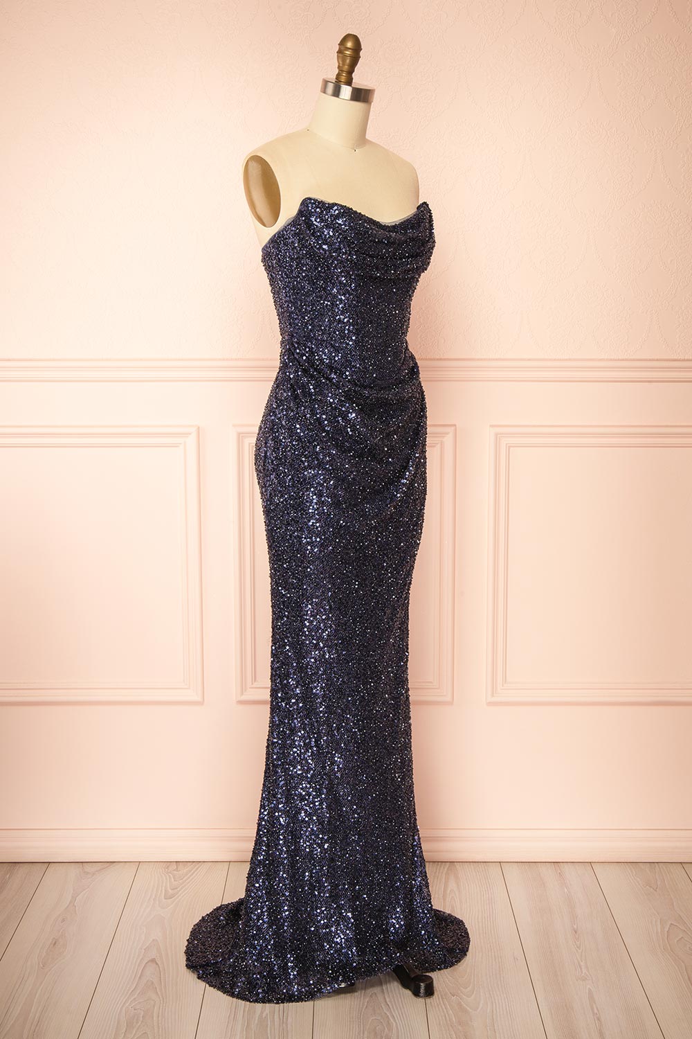 Hanna Navy | Strapless Sequin Maxi Dress with Lace-Up Back