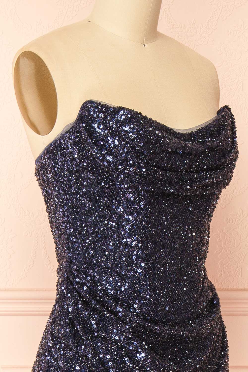 Hanna Navy | Strapless Sequin Maxi Dress with Lace-Up Back