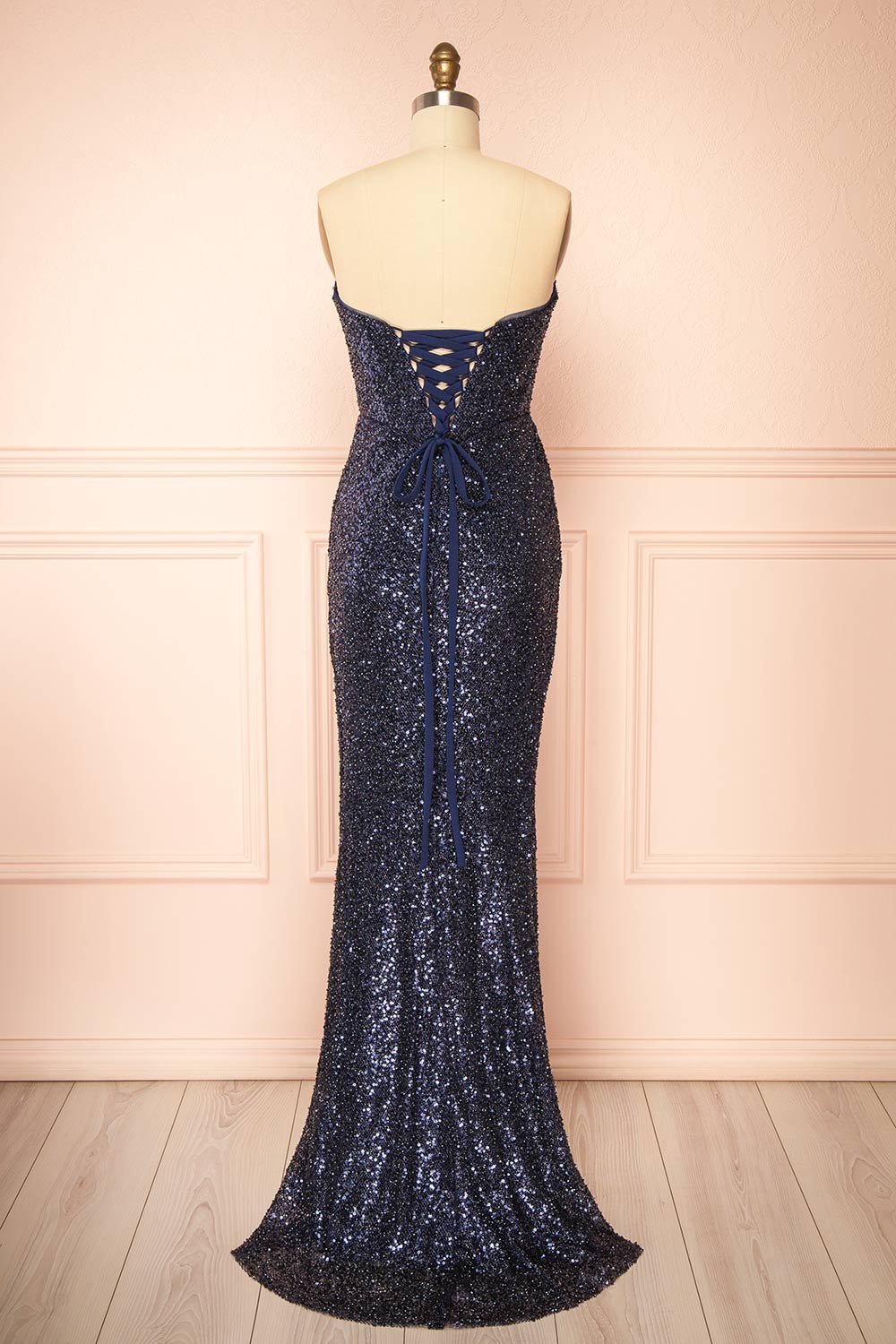 Hanna Navy | Strapless Sequin Maxi Dress with Lace-Up Back