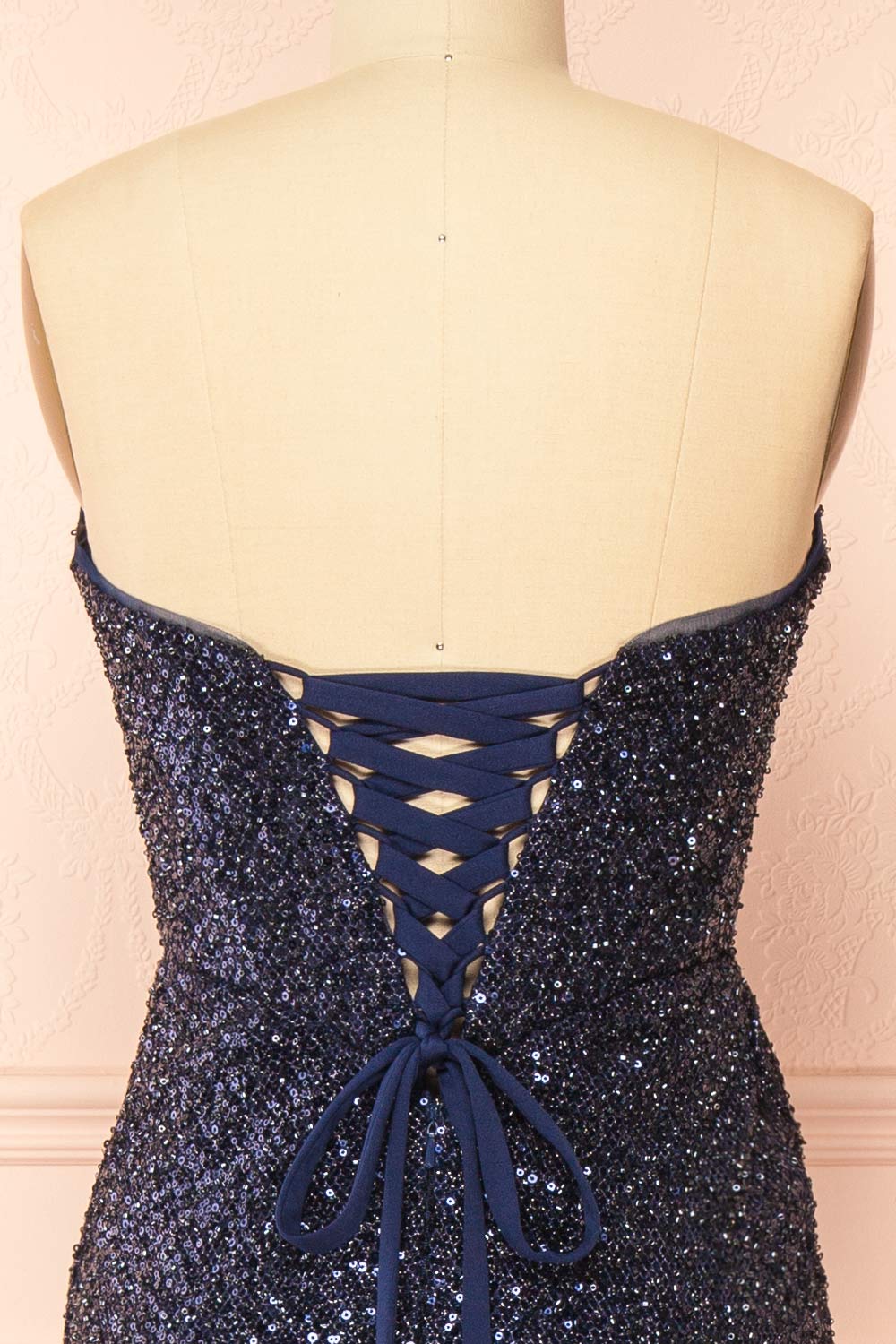 Hanna Navy | Strapless Sequin Maxi Dress with Lace-Up Back