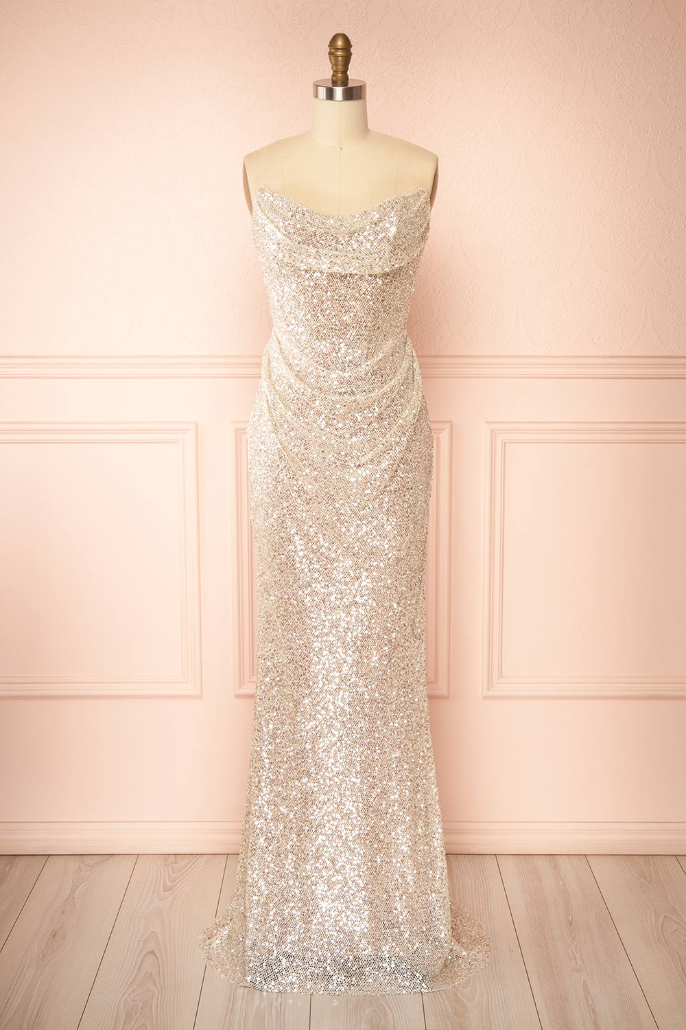 Hanna Silver | Strapless Sequin Maxi Dress with Lace-Up Back
