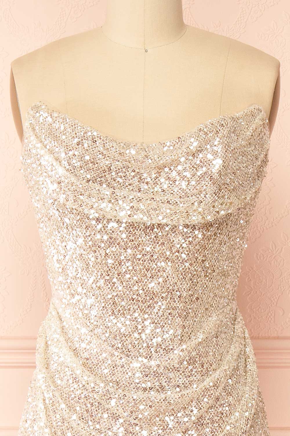 Hanna Silver | Strapless Sequin Maxi Dress with Lace-Up Back