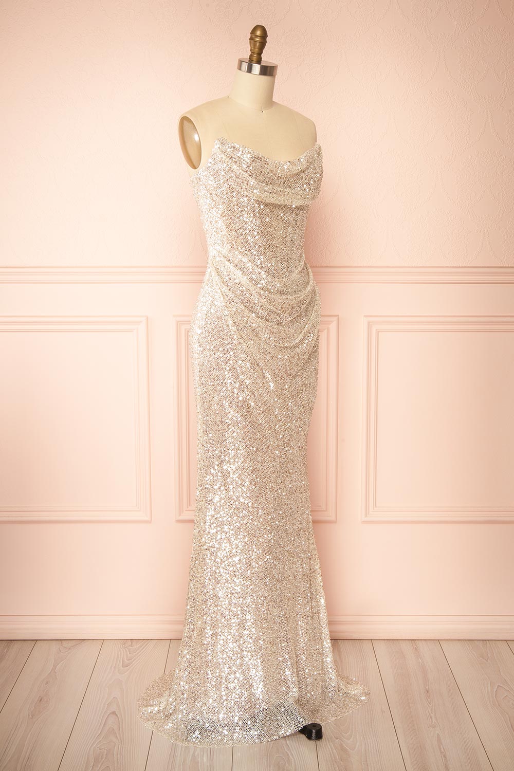 Hanna Silver | Strapless Sequin Maxi Dress with Lace-Up Back
