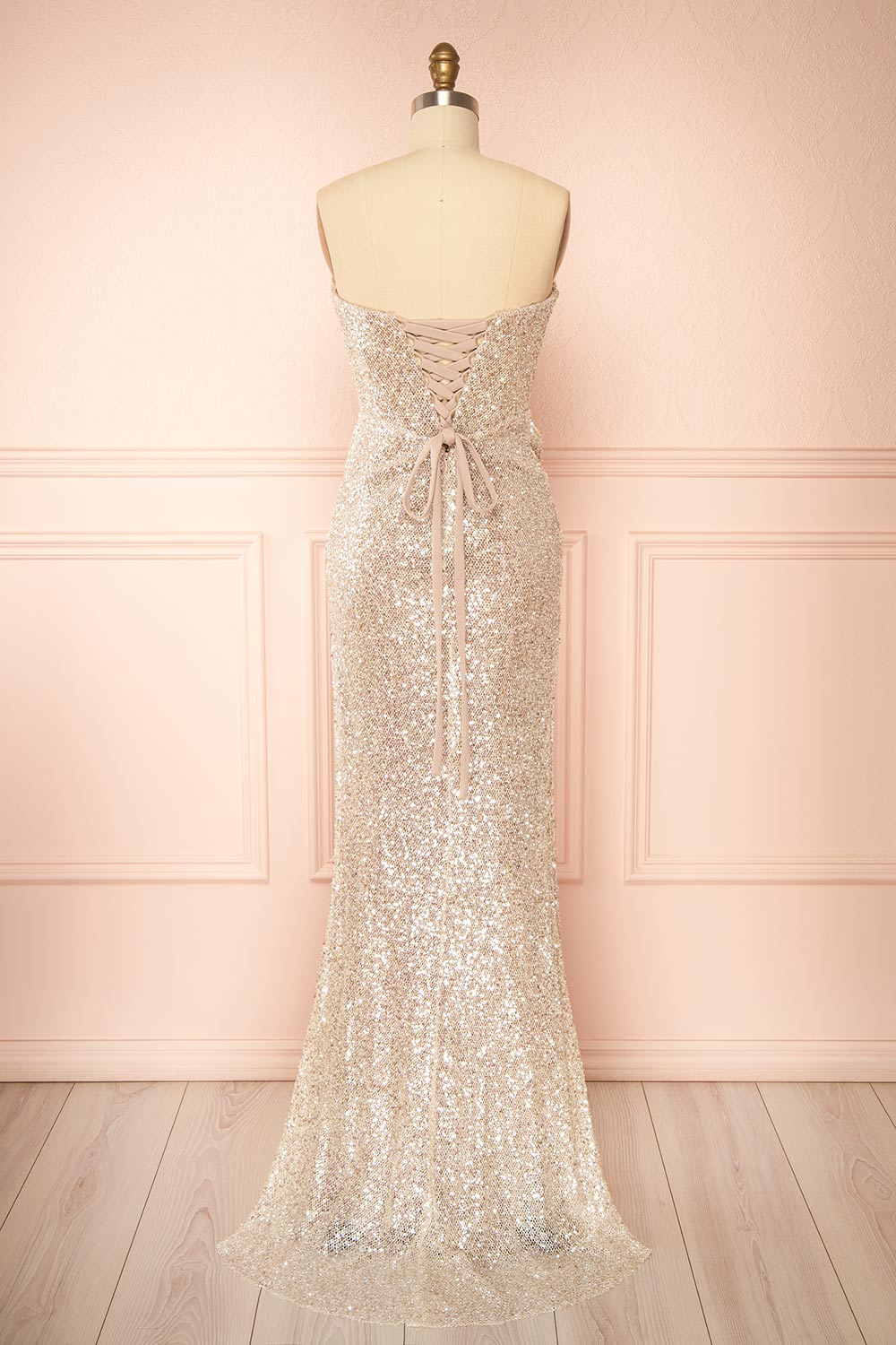 Hanna Silver | Strapless Sequin Maxi Dress with Lace-Up Back