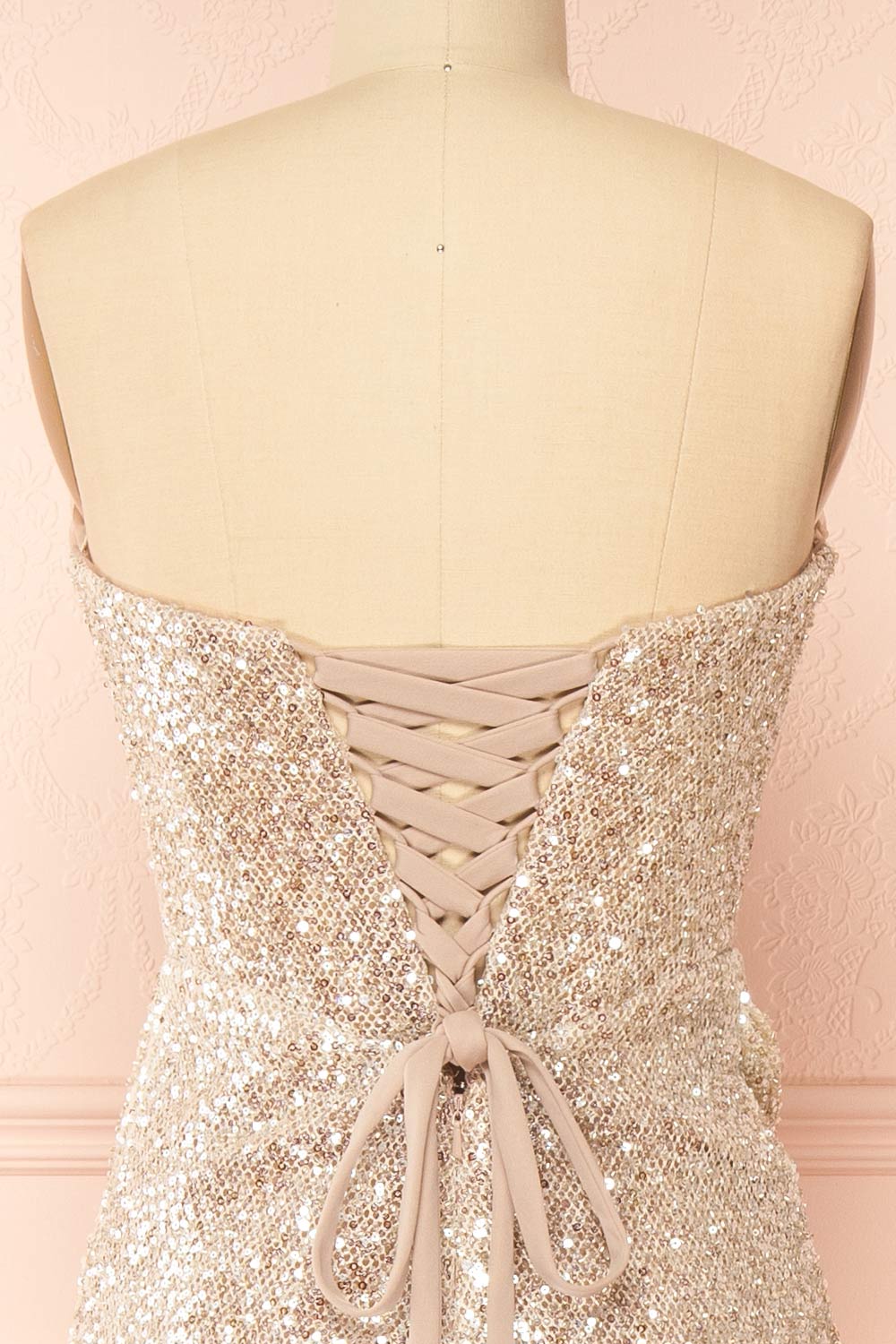 Hanna Silver | Strapless Sequin Maxi Dress with Lace-Up Back