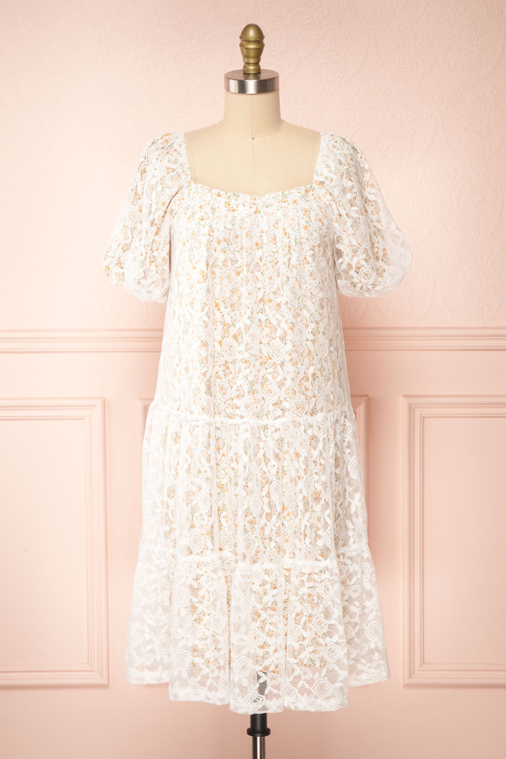 Harmaunie | Lace Floral Midi Dress w/ Balloon Sleeves