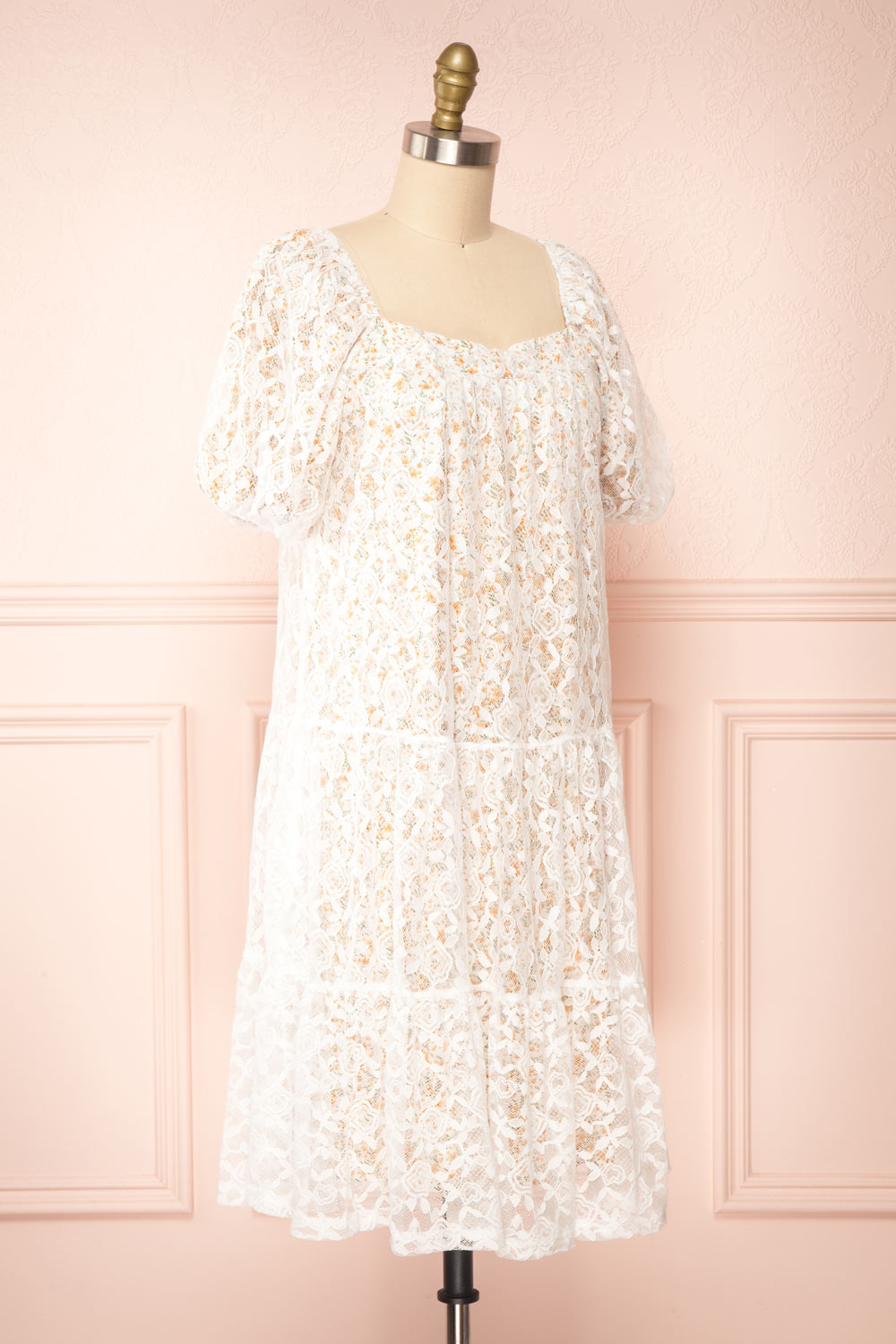 Harmaunie | Lace Floral Midi Dress w/ Balloon Sleeves