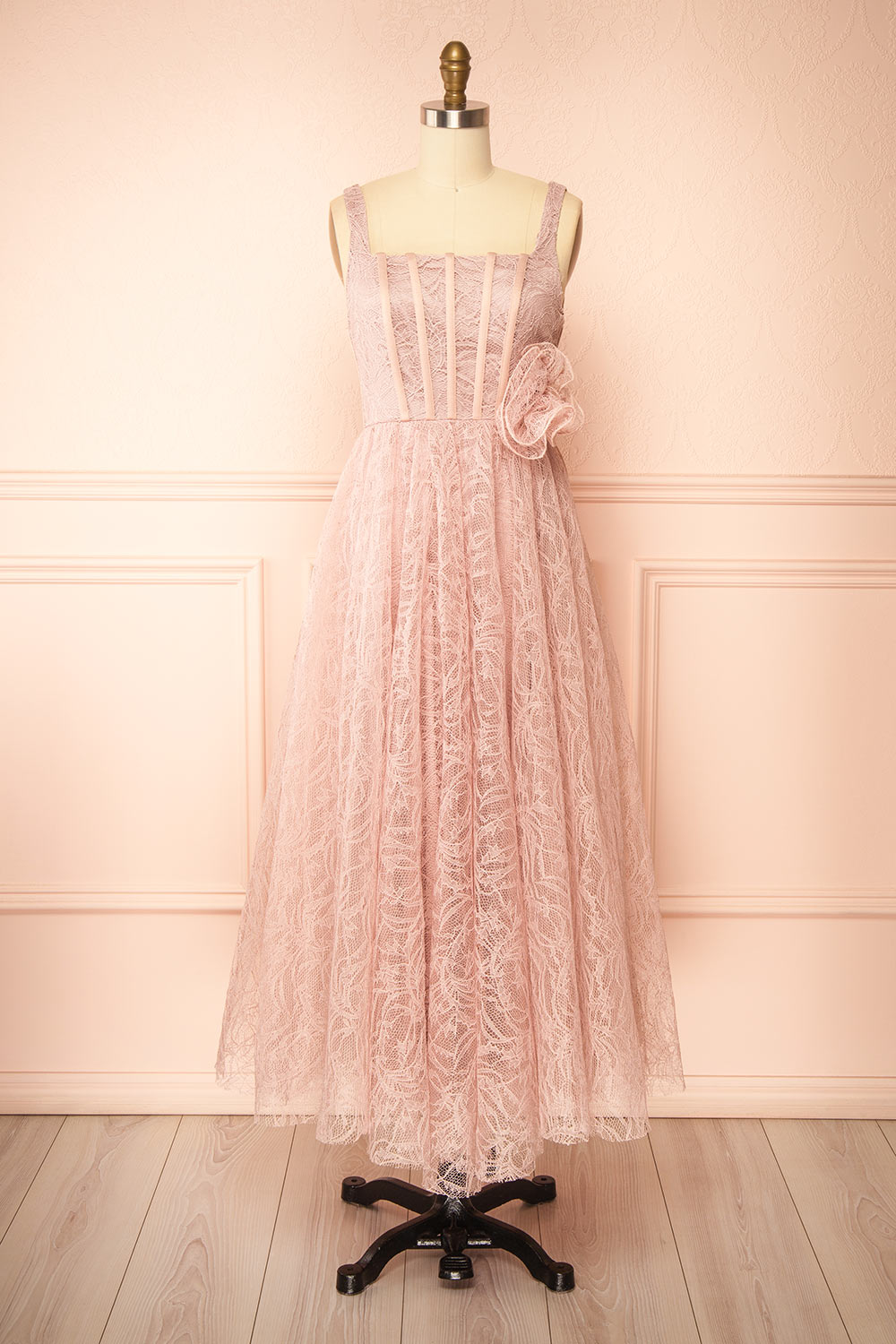 Hellis | Pink Midi Dress with 3D Flower