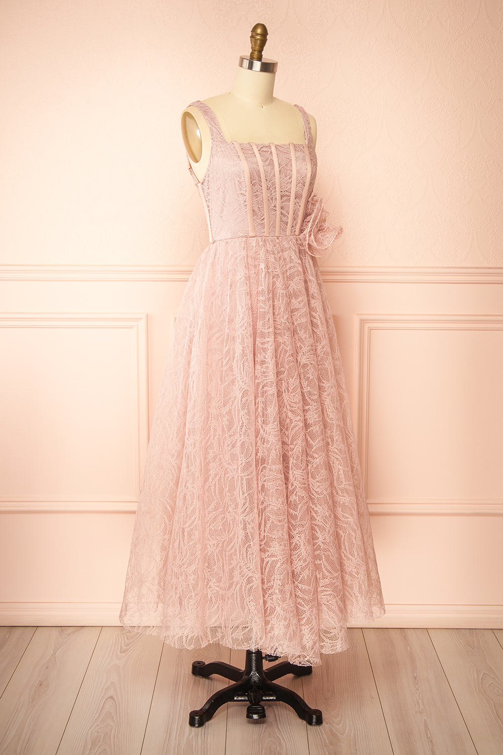 Hellis | Pink Midi Dress with 3D Flower