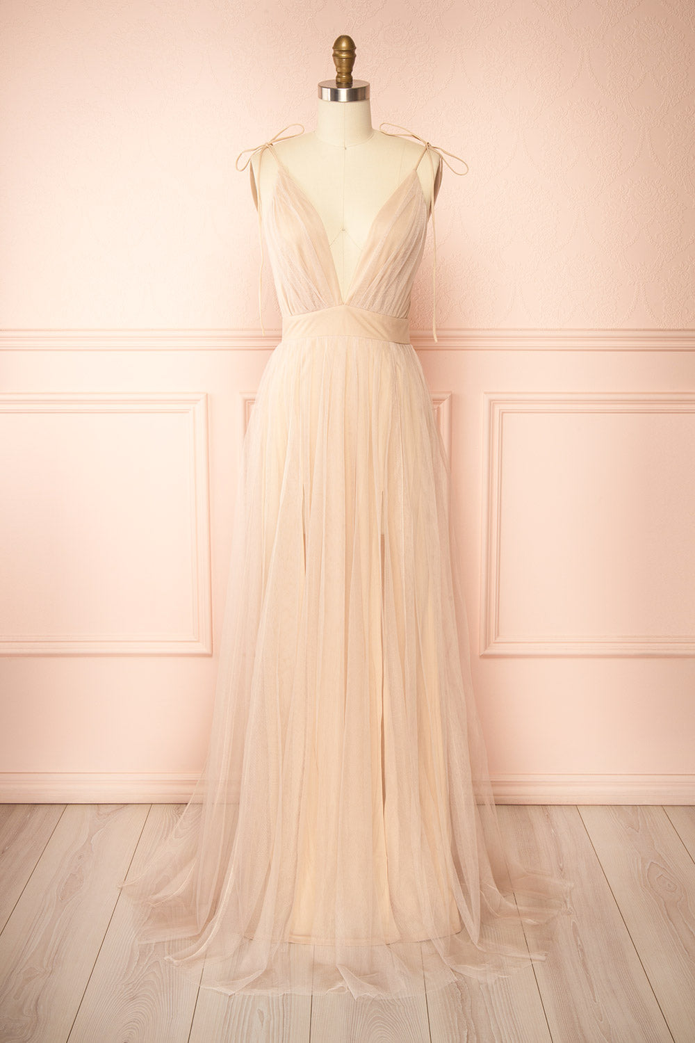 Hyedi Beige | Tulle Gown with Plunging Neckline