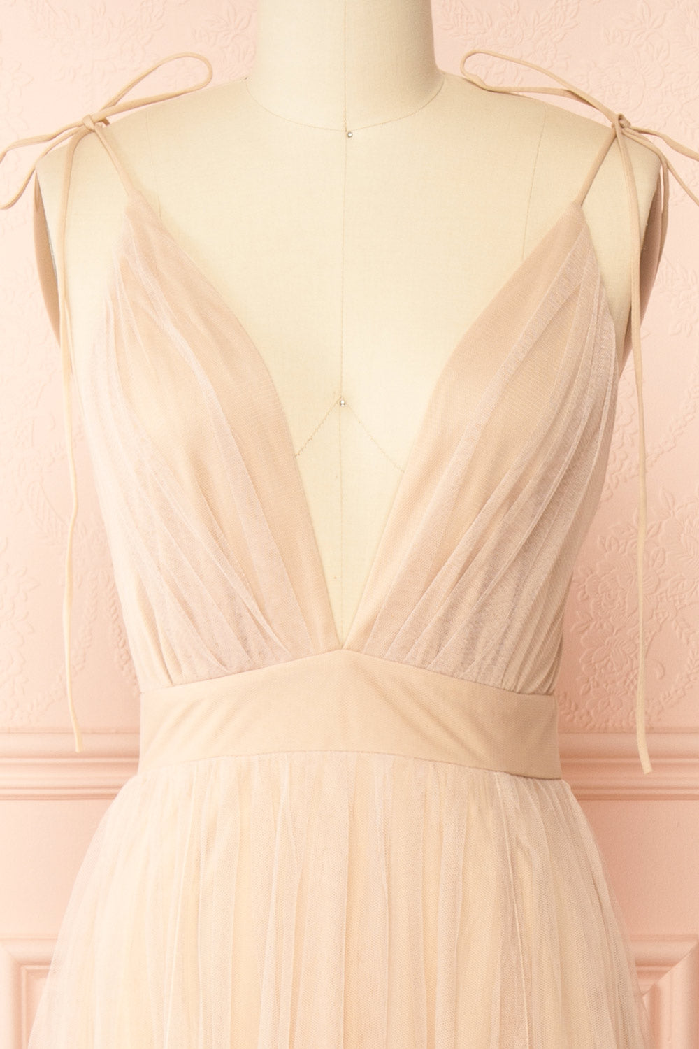Hyedi Beige | Tulle Gown with Plunging Neckline