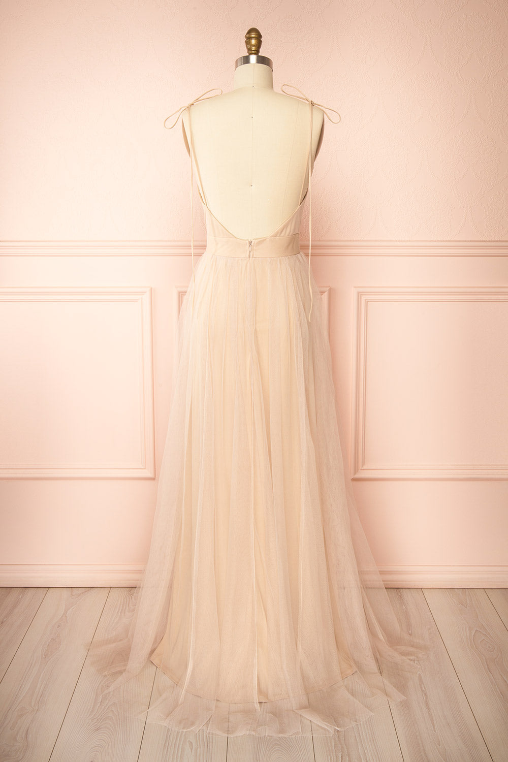 Hyedi Beige | Tulle Gown with Plunging Neckline