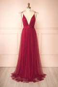Hyedi Burgundy | Tulle Gown with Plunging Neckline
