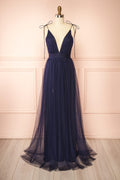 Hyedi Navy | Tulle Gown with Plunging Neckline