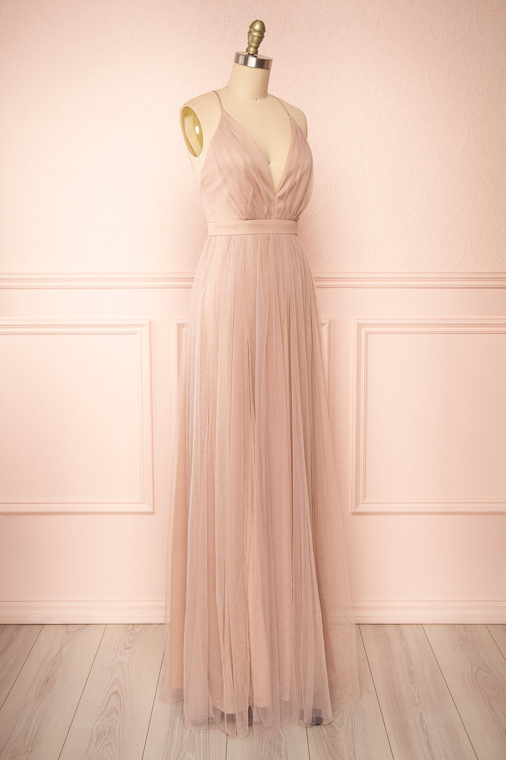 Ilaria Taupe | Tulle Gown with Plunging Neckline