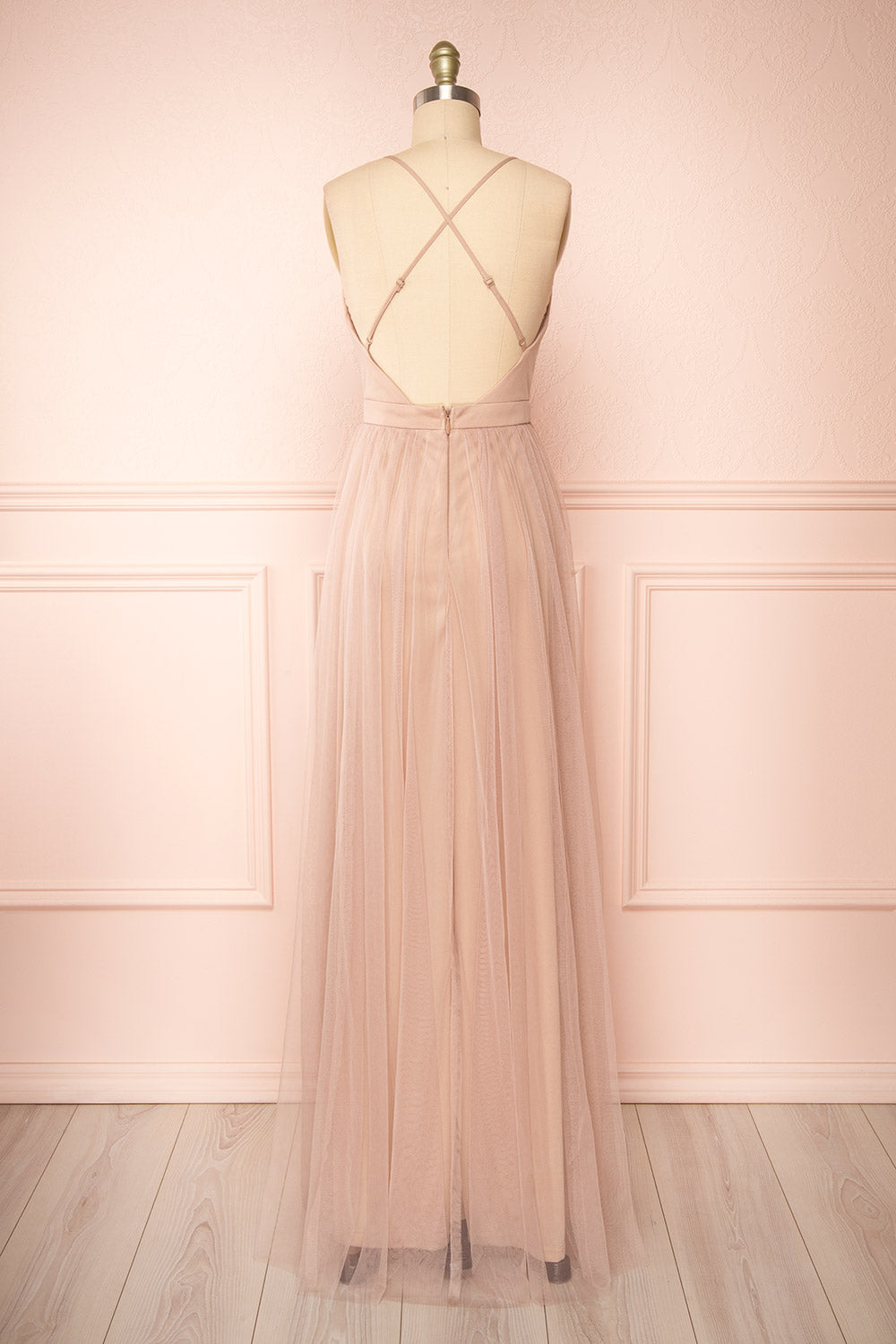 Ilaria Taupe | Tulle Gown with Plunging Neckline