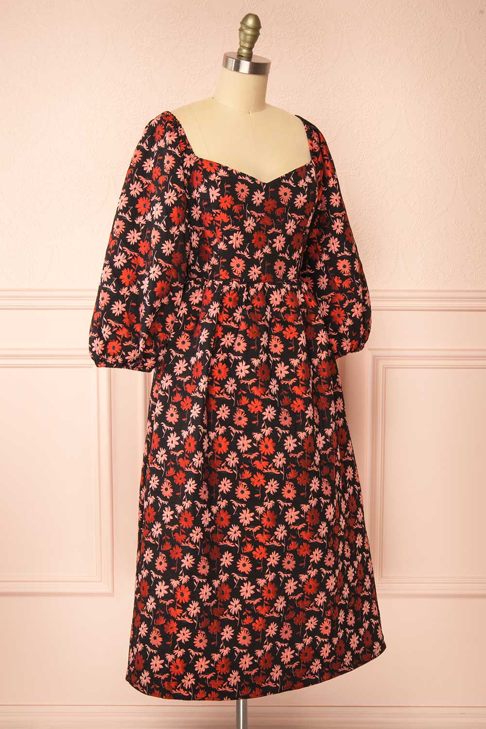 Inarea | Midi Black Floral Dress w/ Puffy Sleeves