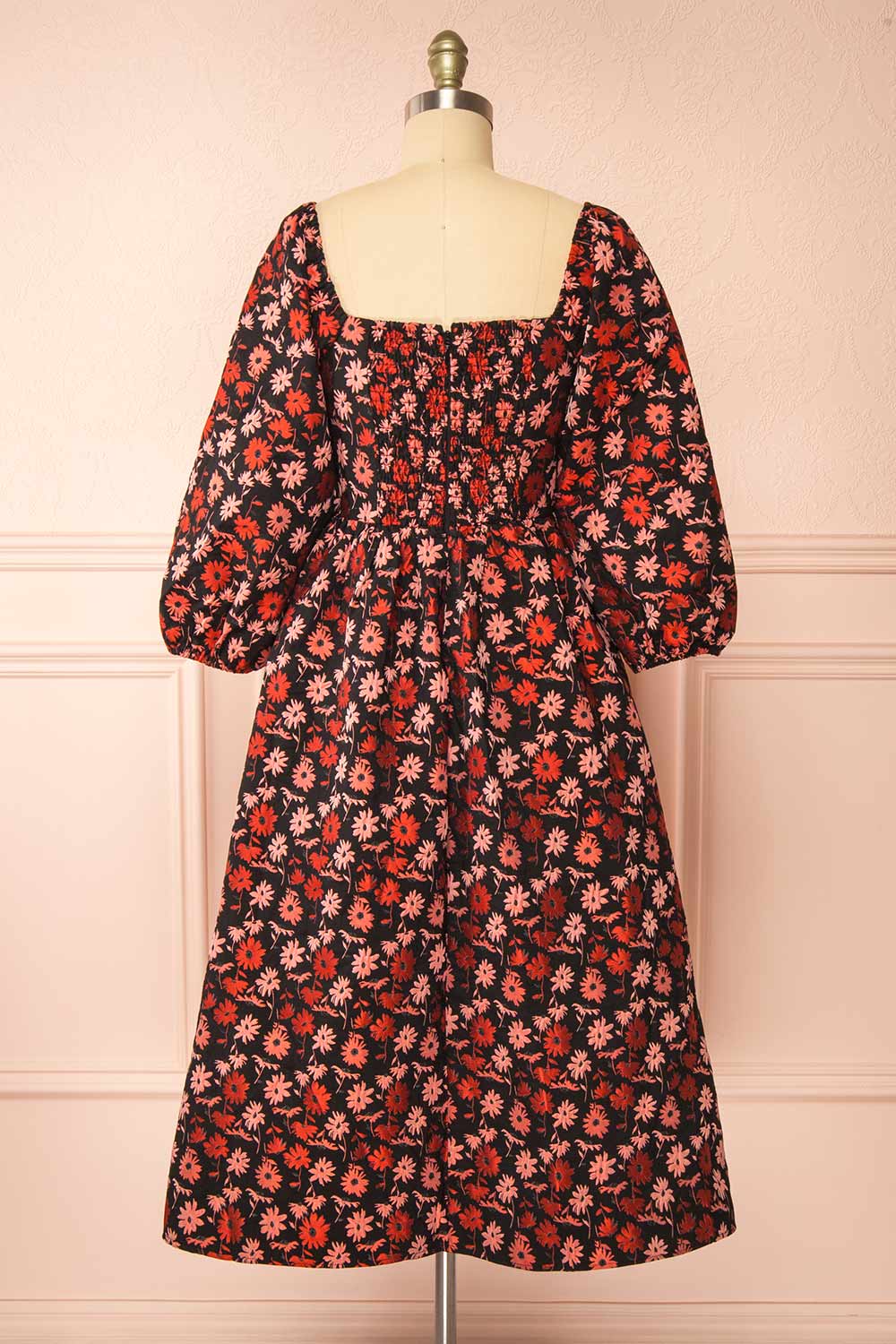 Inarea | Midi Black Floral Dress w/ Puffy Sleeves