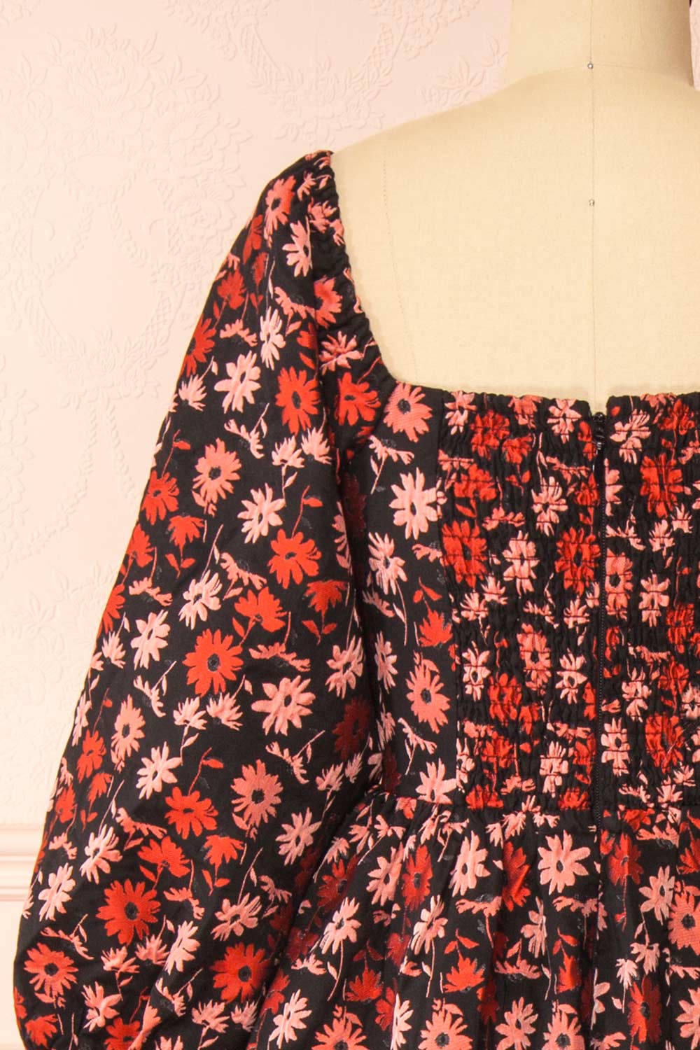 Inarea | Midi Black Floral Dress w/ Puffy Sleeves