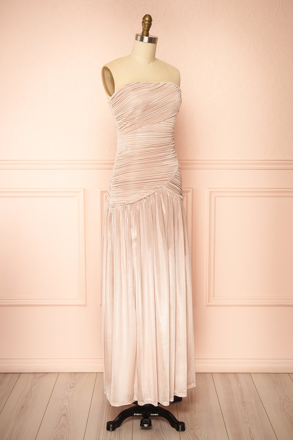 Islana | Champagne Strapless Pleated Maxi Dress