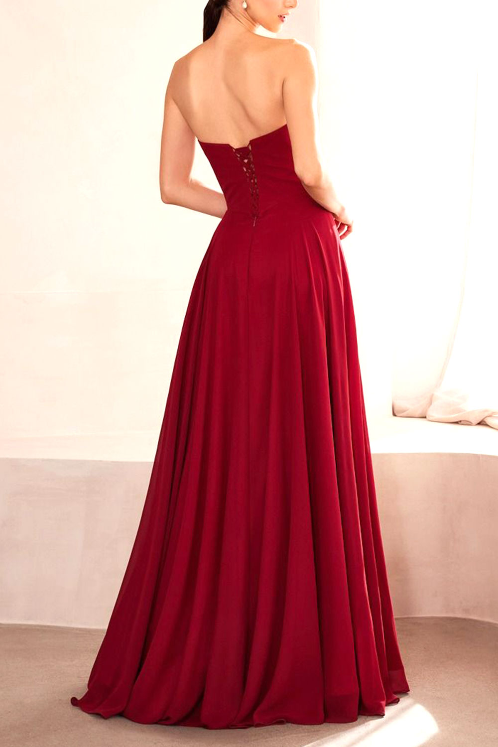 Janie Burgundy | Chiffon Maxi Dress with Sweetheart Neckline and Scarf