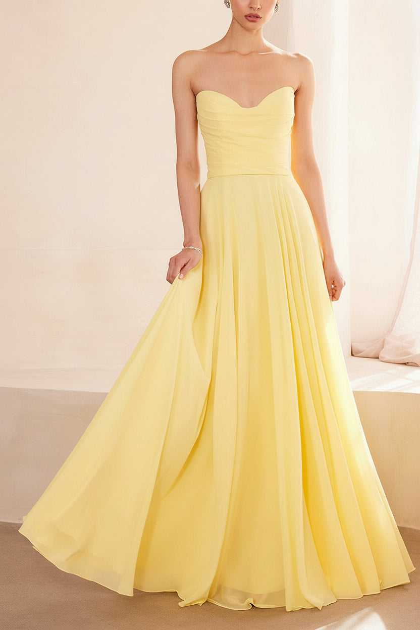 Janie Light Yellow | Chiffon Maxi Dress with Sweetheart Neckline and Scarf