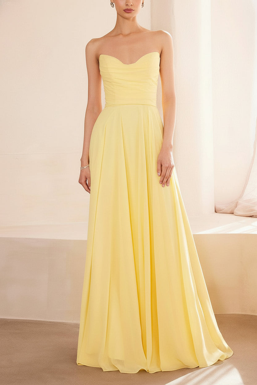 Janie Light Yellow | Chiffon Maxi Dress with Sweetheart Neckline and Scarf