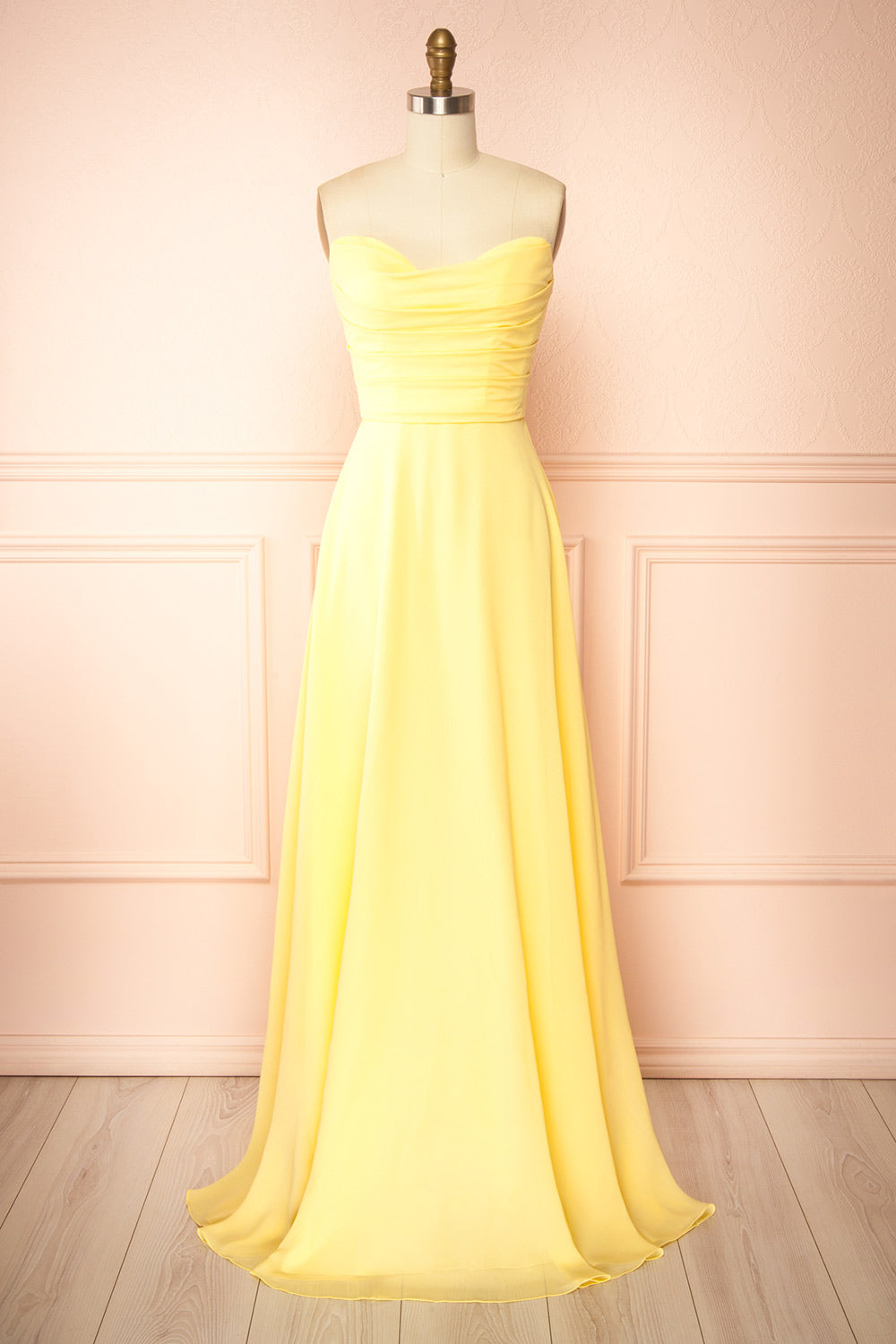 Janie Light Yellow | Chiffon Maxi Dress with Sweetheart Neckline and Scarf