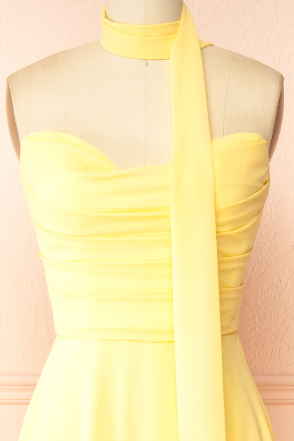 Janie Light Yellow | Chiffon Maxi Dress with Sweetheart Neckline and Scarf