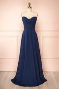 Janie Navy | Chiffon Maxi Dress with Sweetheart Neckline and Scarf
