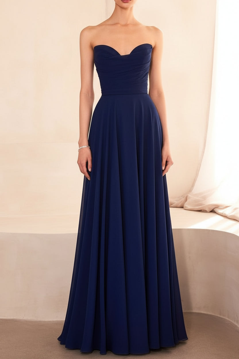 Janie Navy | Chiffon Maxi Dress with Sweetheart Neckline and Scarf